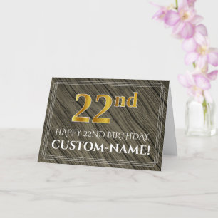 Elegant 22nd Birthday: Faux Wood, Faux Gold Look Card