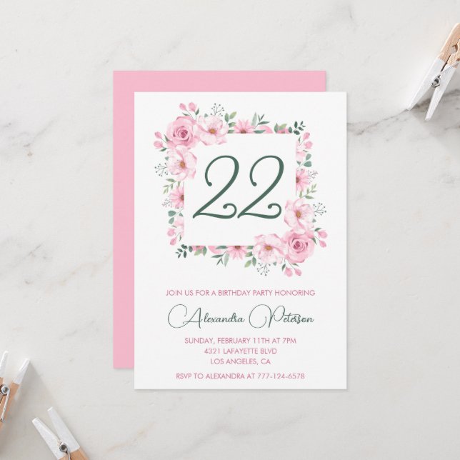 Elegant 22nd birthday invitations Floral Pink  (Front/Back In Situ)