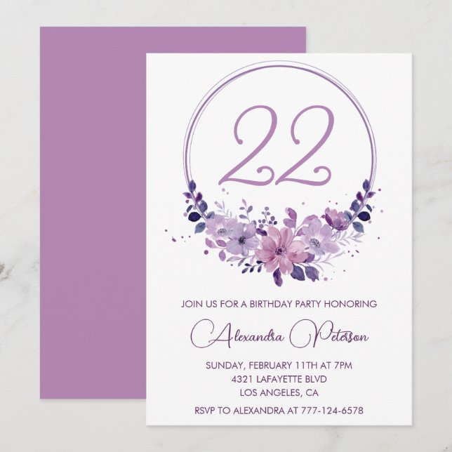 Elegant 22nd birthday invitations Floral Purple (Front/Back)