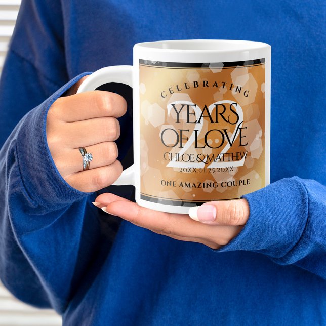 Elegant 22nd Copper Wedding Anniversary Giant Coffee Mug (22nd wedding anniversary jumbo mug held by woman sporting a wedding ring and blue sweatshirt.)