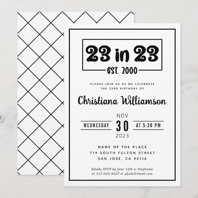 Elegant 23rd Birthday Gift 23 in 23 Est 2000 Invitation (Front/Back)