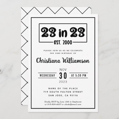 Elegant 23rd Birthday Gift 23 in 23 Est 2000 Invitation