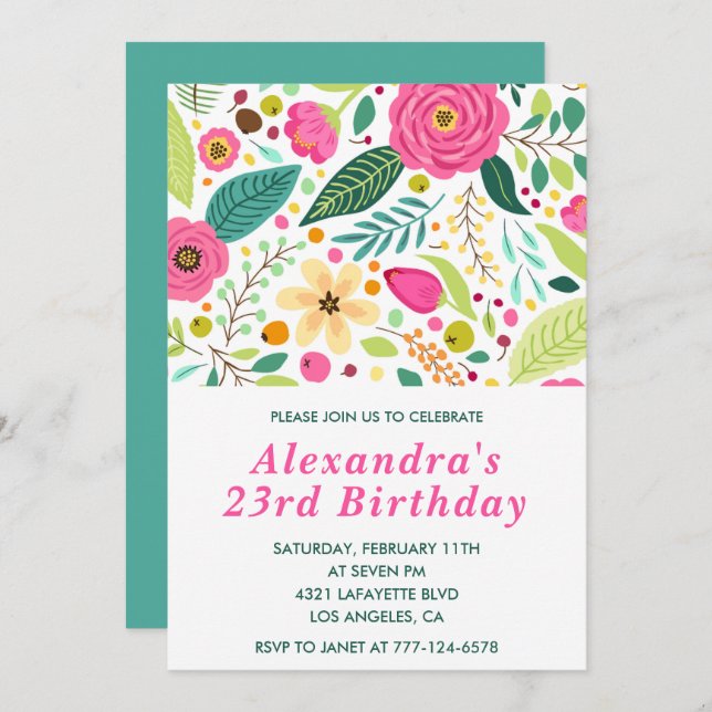 Elegant 23rd birthday invitations Floral Colorful  (Front/Back)