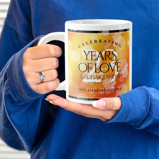 Elegant 23rd Imperial Topaz Wedding Anniversary Giant Coffee Mug (23rd wedding anniversary giant mug held by woman sporting a wedding ring and blue sweater.)
