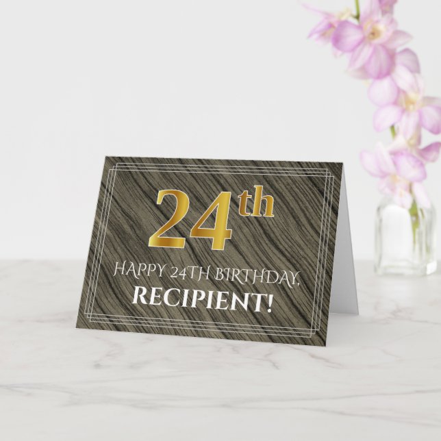 Elegant 24th Birthday: Faux Wood, Faux Gold Look Card (Orchid)