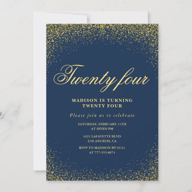 Elegant 24th birthday invitation Navy Gold Glitter (Front)