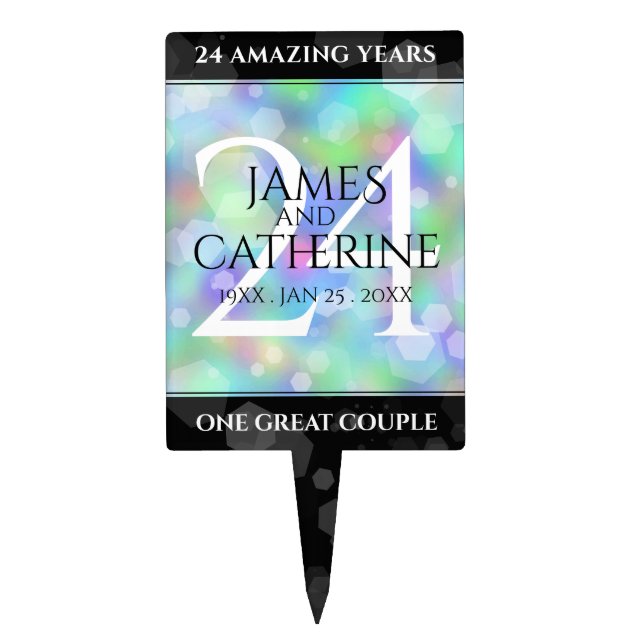 Elegant 24th Opal Wedding Anniversary Celebration Cake Topper (Front)