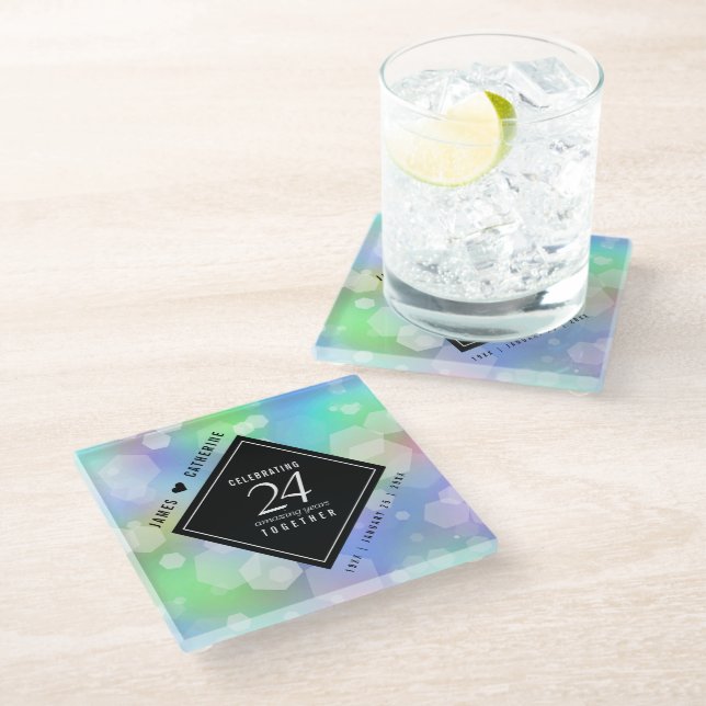 Elegant 24th Opal Wedding Anniversary Celebration Glass Coaster (Angled)