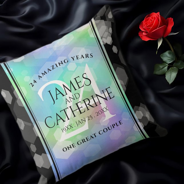 Elegant 24th Opal Wedding Anniversary Celebration Throw Pillow (24th Opal Wedding Anniversary Throw Pillow on Black Satin Cover Photo)