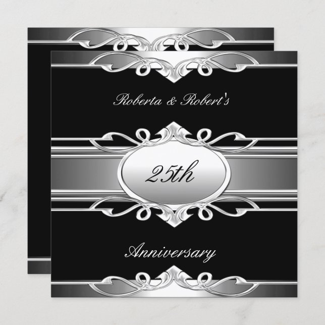 Elegant 25th Anniversary Black Silver Invitation (Front/Back)