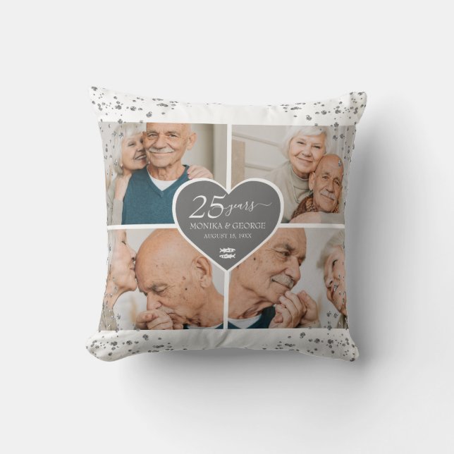 Elegant 25th Anniversary Photo Gold Glitter Heart  Throw Pillow (Front)