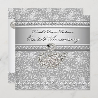 Elegant 25th Anniversary Silver Damask Swan 2 Invitation