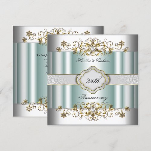 Elegant 25th Anniversary Silver Teal Blue Mint 5.25x5.25 Square Paper Invitation Card