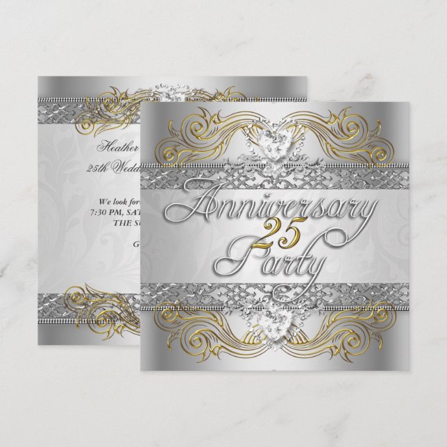 Elegant 25th Anniversary Silver White Gold Party Invitation (Front/Back)
