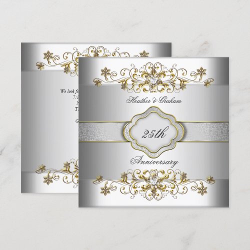 Elegant 25th Anniversary Silver White Gold Templat 5.25x5.25 Square Paper Invitation ...