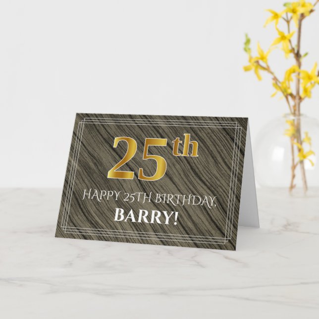 Elegant 25th Birthday: Faux Wood, Faux Gold Look Card (Yellow Flower)