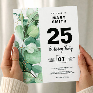 Elegant 25th Birthday with Watercolor Eucalyptus Invitation