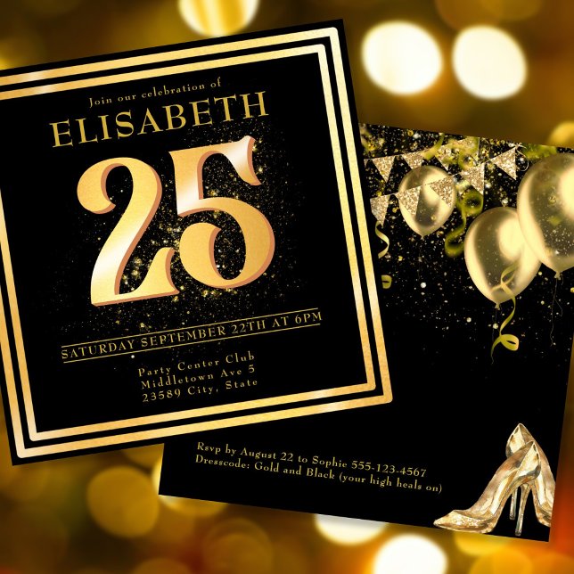 Elegant 25th Gold Black Birthday Invitation (Elegant 25th Gold Black Birthday Invitation.)