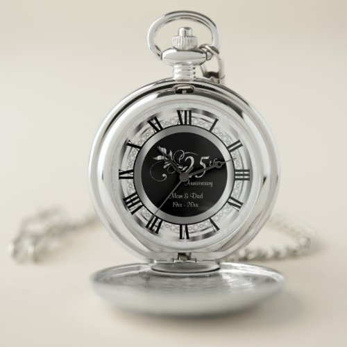 Elegant 25th Silver Diamond Anniversary Pocket Watch