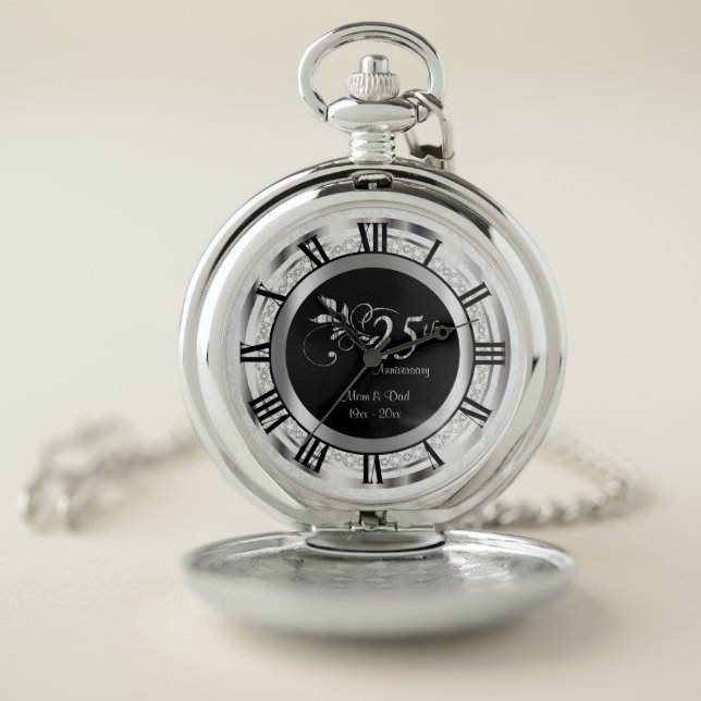 Elegant 25th Silver Diamond Anniversary Pocket Watch (Inside)
