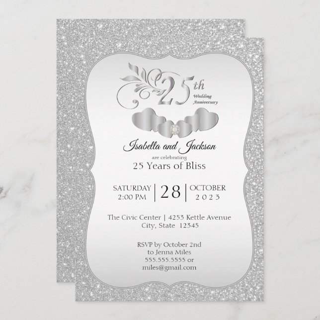 Elegant 25th Silver Glitter Anniversary Invitation (Front/Back)