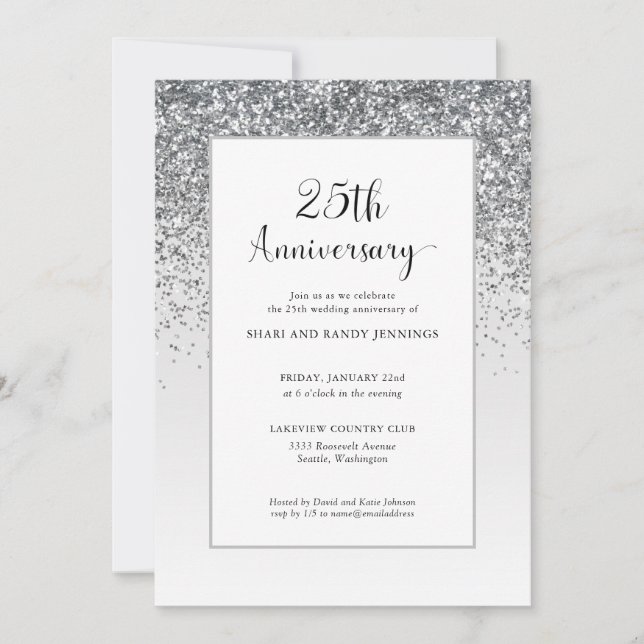 Elegant 25th Silver Glitter Wedding Anniversary Invitation (Front)