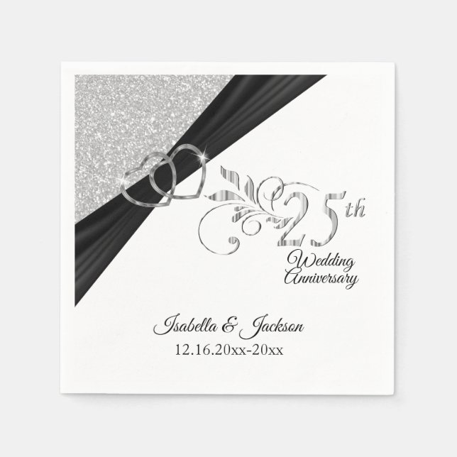 Elegant 25th Silver Glitter Wedding Anniversary Napkins (Front)