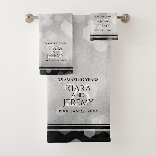 Elegant 25th Silver Wedding Anniversary Bath Towel Set (Insitu)