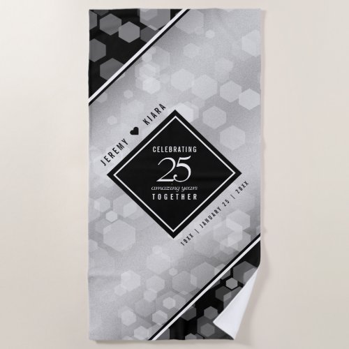 Elegant 25th Silver Wedding Anniversary Beach Towel