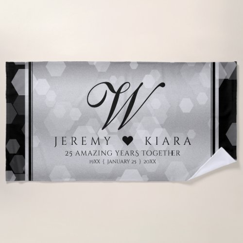 Elegant 25th Silver Wedding Anniversary Beach Towel