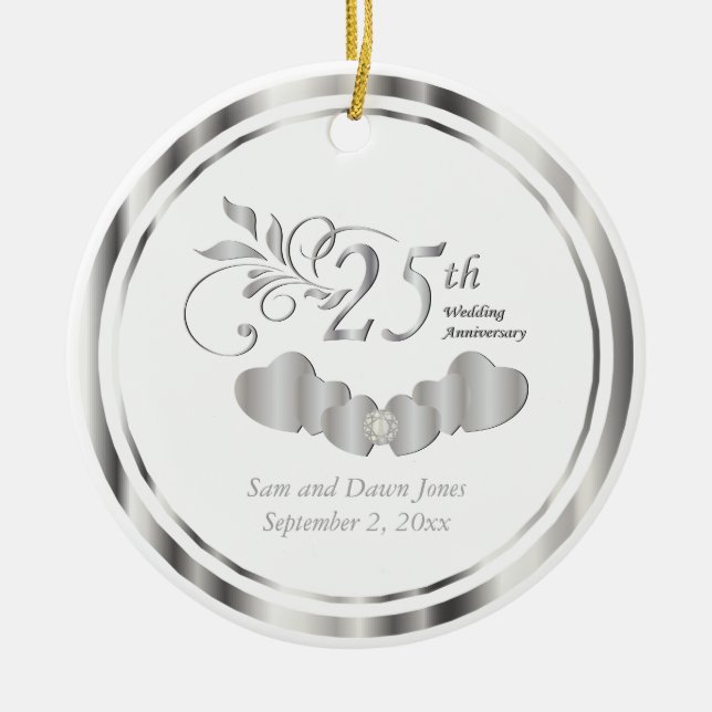 Elegant 25th Silver Wedding Anniversary Ceramic Ornament (Front)