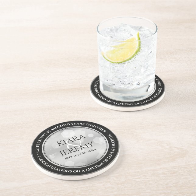 Elegant 25th Silver Wedding Anniversary Coaster (Side)