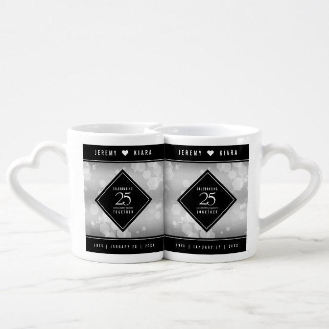 Elegant 25th Silver Wedding Anniversary Coffee Mug Set (Back Nesting)