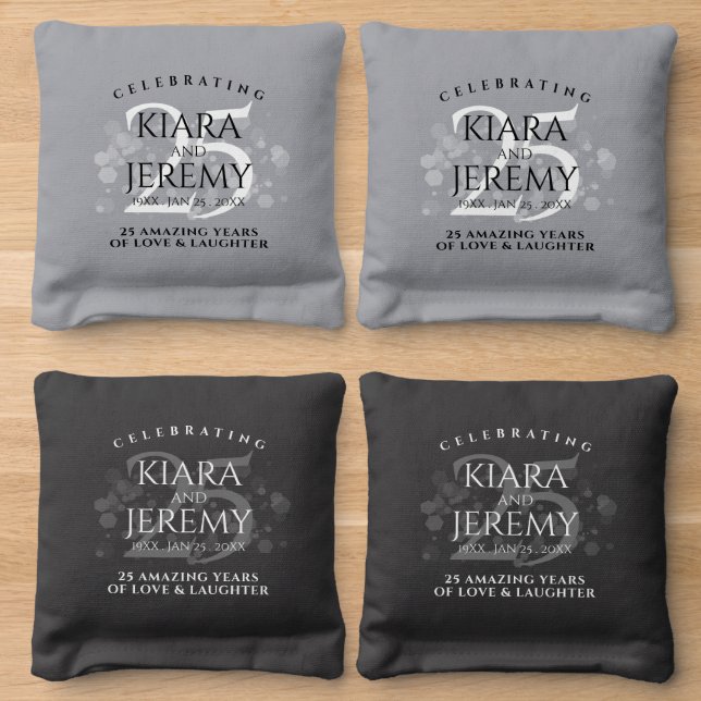 Elegant 25th Silver Wedding Anniversary Cornhole Bags (Wood)