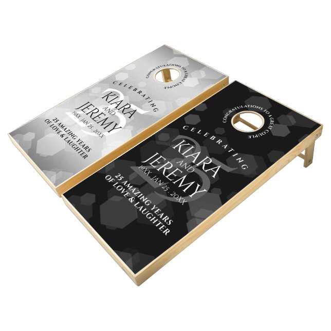 Elegant 25th Silver Wedding Anniversary Cornhole Set (Angled)