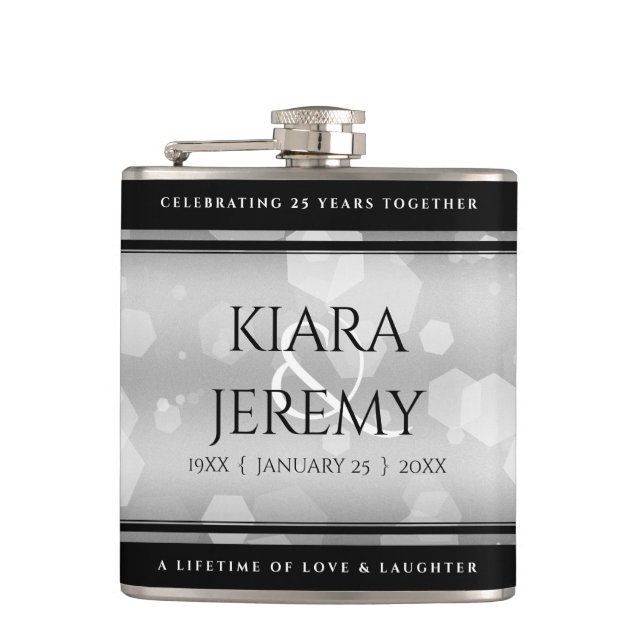 Elegant 25th Silver Wedding Anniversary Flask (Front)