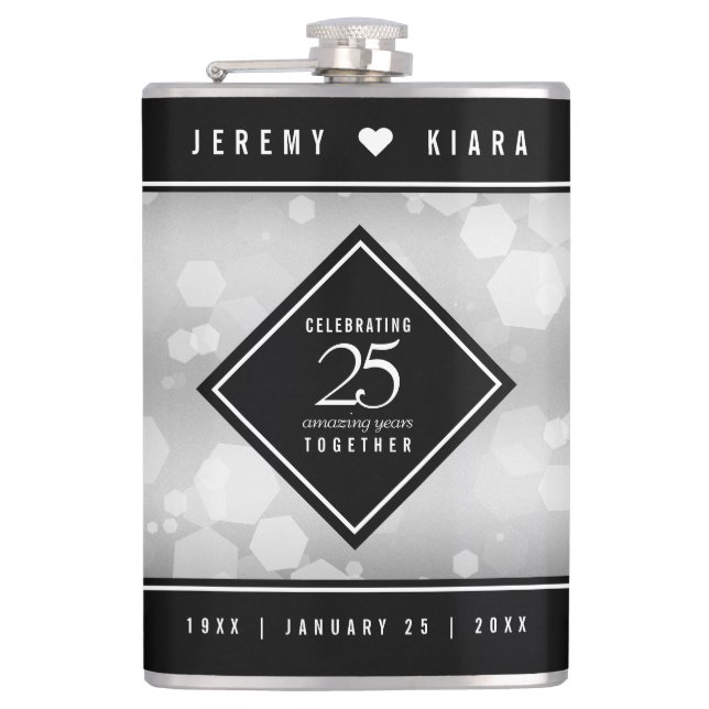 Elegant 25th Silver Wedding Anniversary Flask (Front)