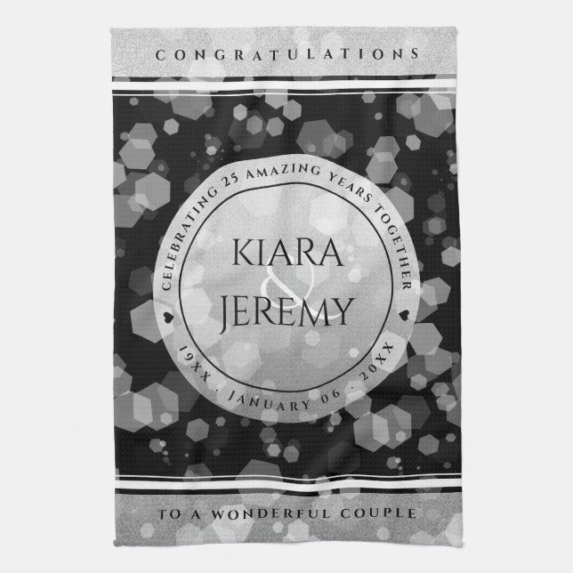 Elegant 25th Silver Wedding Anniversary Kitchen Towel (Vertical)