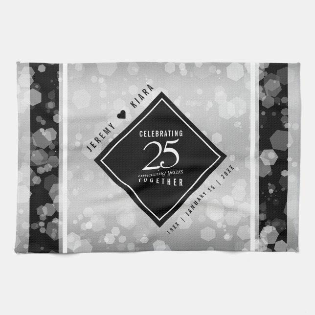 Elegant 25th Silver Wedding Anniversary Kitchen Towel (Horizontal)