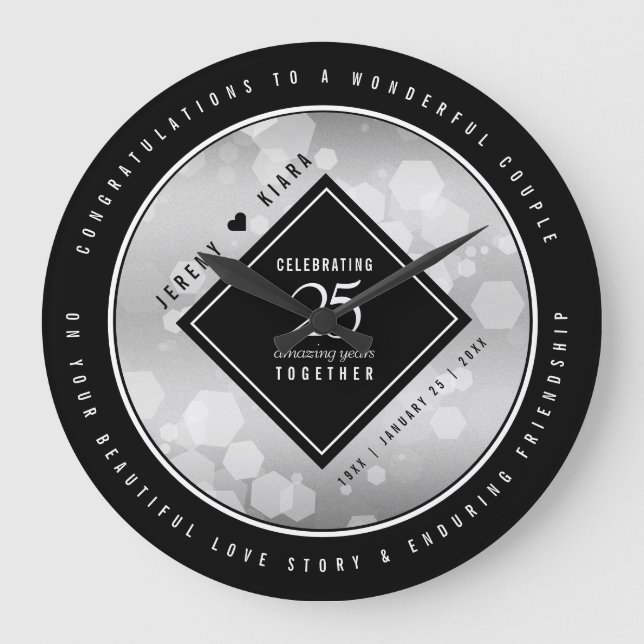 Elegant 25th Silver Wedding Anniversary Large Clock (Front)