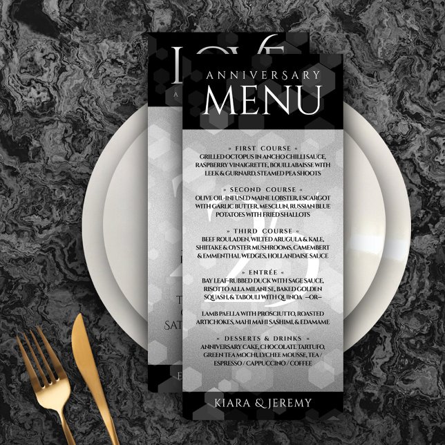 Elegant 25th Silver Wedding Anniversary Menu (Elegant 25th Silver Wedding Anniversary Menu Rack Card Cover Photo.)