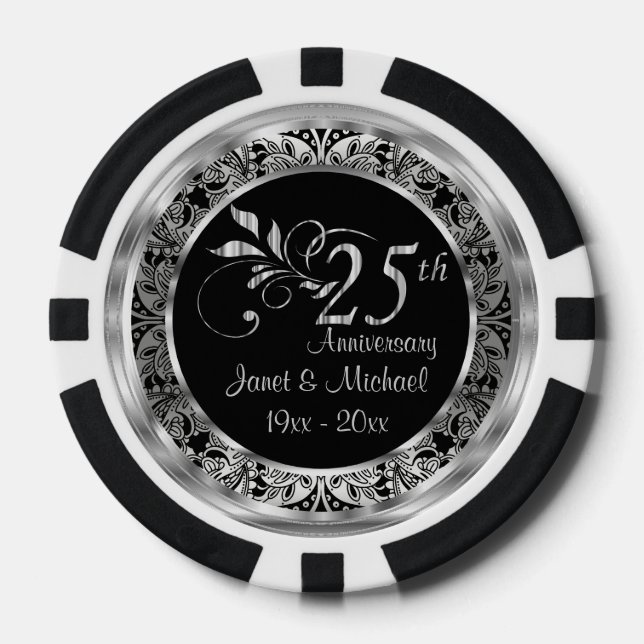 Elegant 25th Silver Wedding Anniversary Poker Chips (Front)