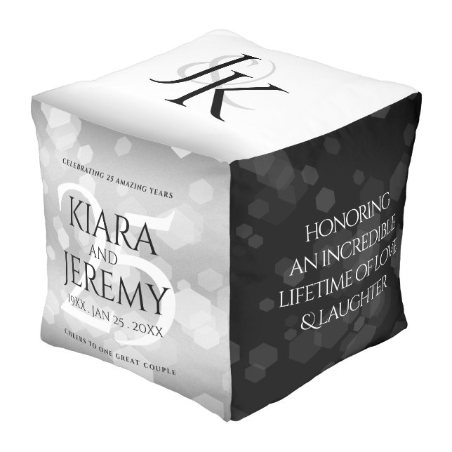 Elegant 25th Silver Wedding Anniversary Pouf (Angled Front)