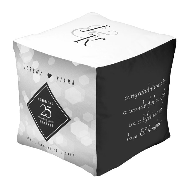 Elegant 25th Silver Wedding Anniversary Pouf (Angled Front)