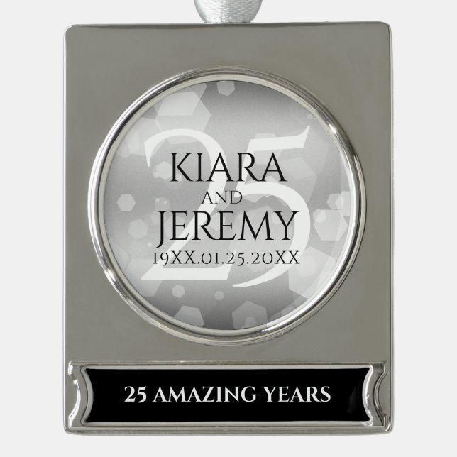 Elegant 25th Silver Wedding Anniversary Silver Plated Banner Ornament (Front)