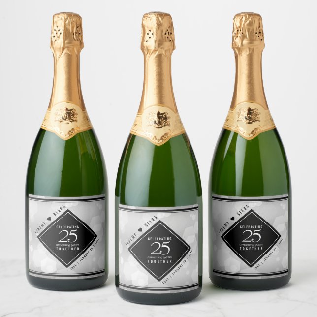 Elegant 25th Silver Wedding Anniversary Sparkling Wine Label (Bottles)