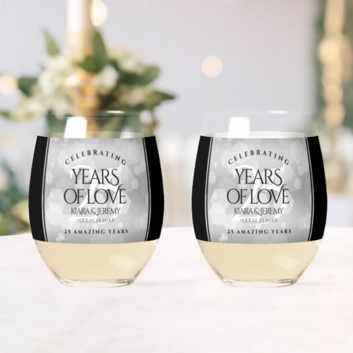 Elegant 25th Silver Wedding Anniversary Stemless Wine Glass