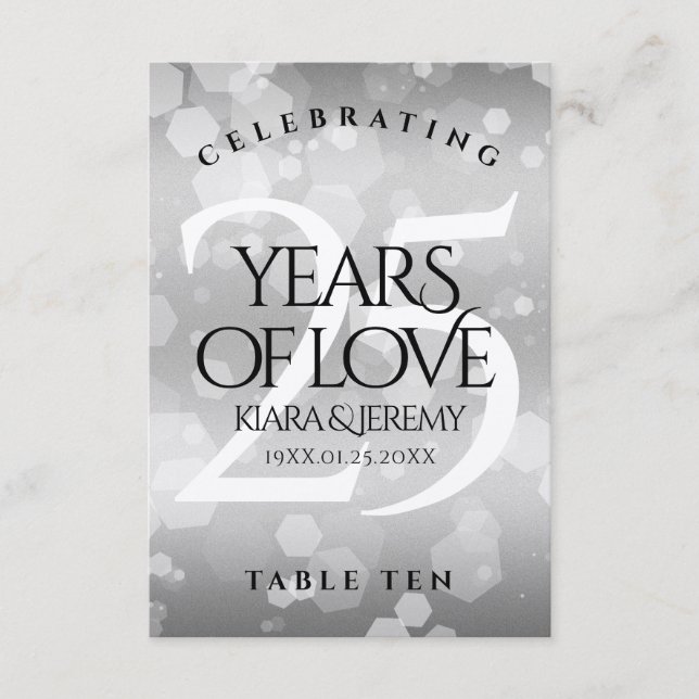 Elegant 25th Silver Wedding Anniversary Table Card (Front)