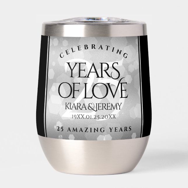 Elegant 25th Silver Wedding Anniversary Thermal Wine Tumbler (Front)