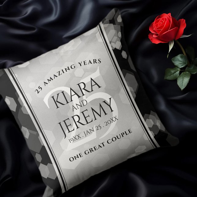 Elegant 25th Silver Wedding Anniversary Throw Pillow (EO 25th Wedding Anniversary Throw Pillow on Black Silk Cover Photo)
